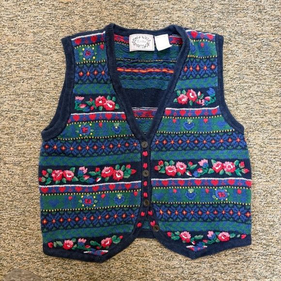 Erika Jackets & Blazers - Vintage Erika Fair Isle Floral Knit Vest Button Front V-Neck Women's M